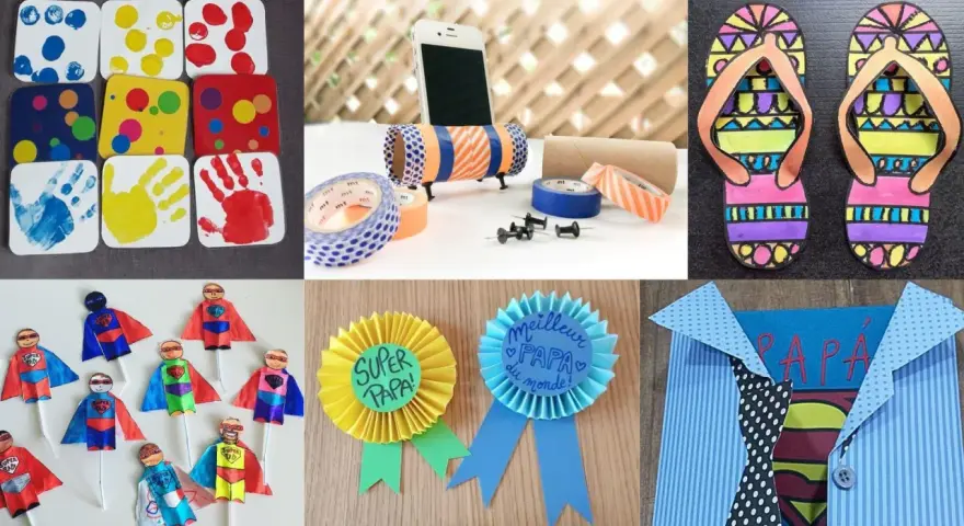 Idées de bricolage anniversaire papa facile : empreintes, super-héros, badges et porte-téléphone.