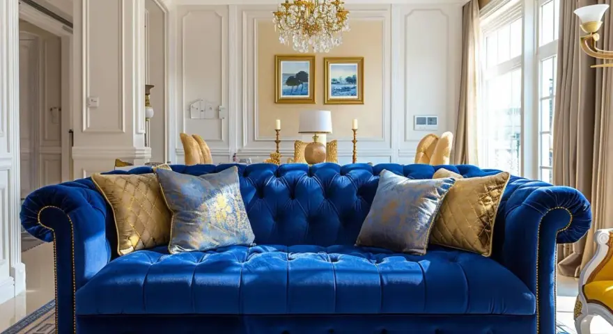 Canapé Chesterfield bleu profond, avec des coussins dorés et bleus. La couleur complémentaire bleu crée une ambiance luxueuse.