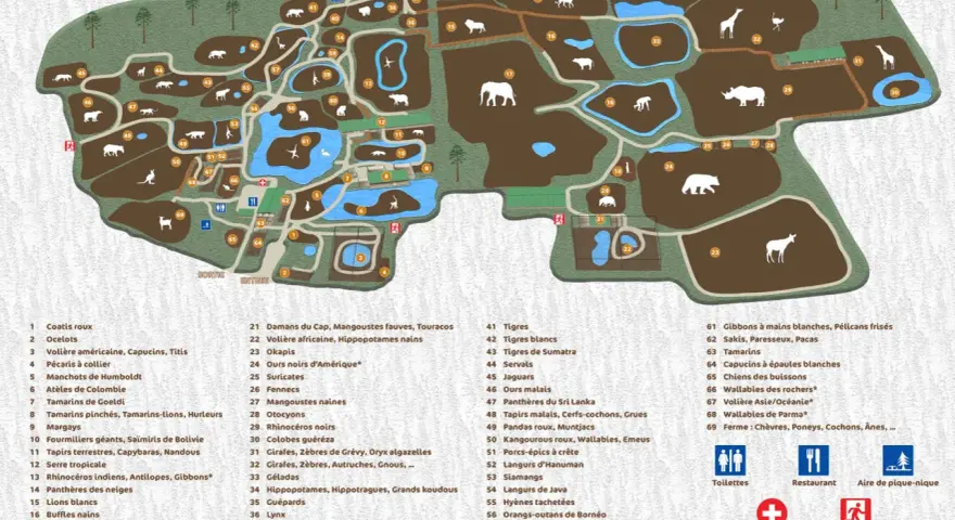 Plan du zoo du Bassin d'Arcachon : découvrez les enclos des animaux, des tigres aux éléphants, et repérez les services pour votre visite.