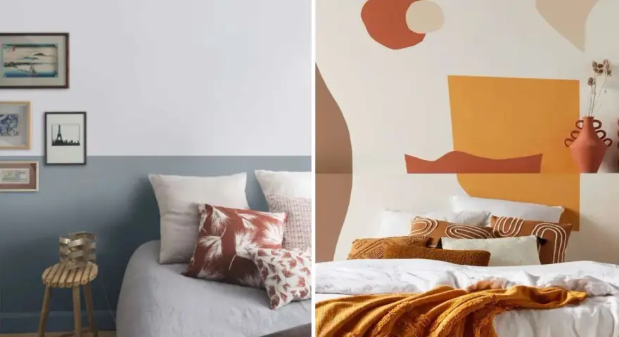 Deux chambres avec des têtes de lit en peinture. L'une est bleue et blanche avec des cadres, l'autre est abstraite et colorée.