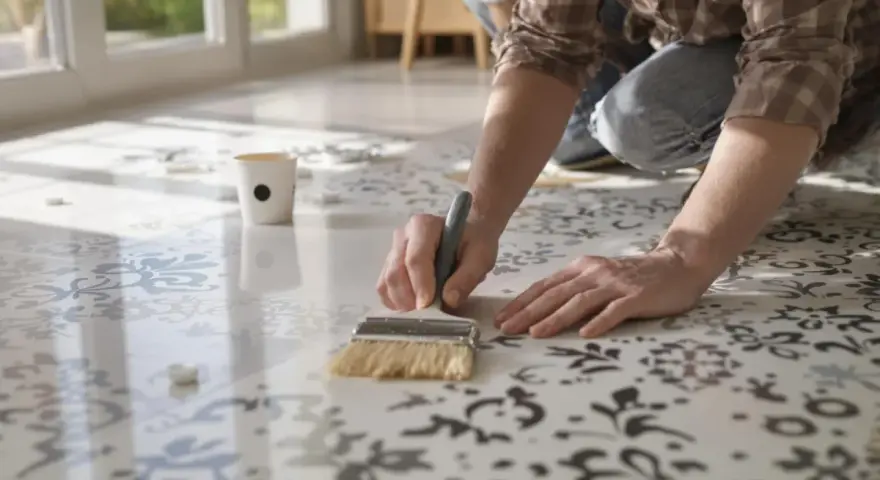 Une personne s'agenouille pour peindre du carrelage au sol avec un pochoir et un pinceau, créant un motif floral.