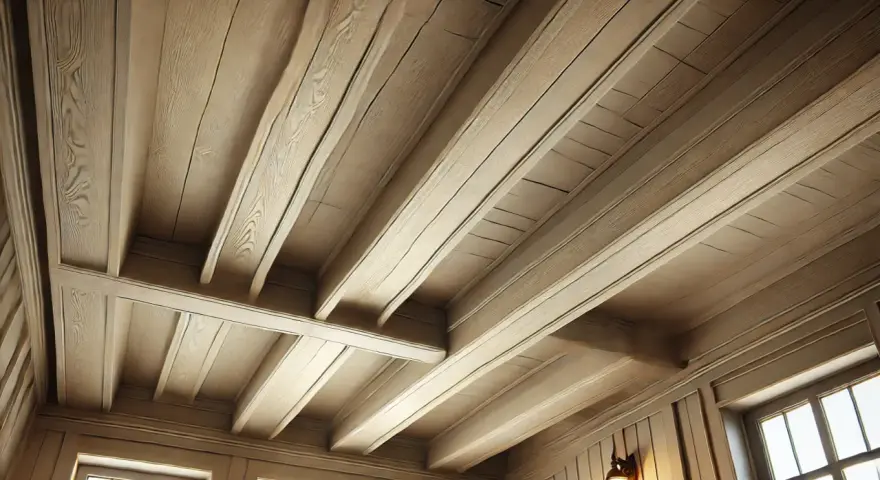 Plafond en bois avec poutres peintes couleur lin, créant une ambiance chaleureuse et rustique.