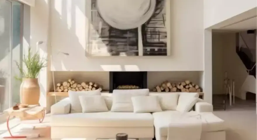 Un **salon beige et blanc** lumineux avec un grand canapé, une cheminée ornée de bois et une œuvre d'art abstraite.