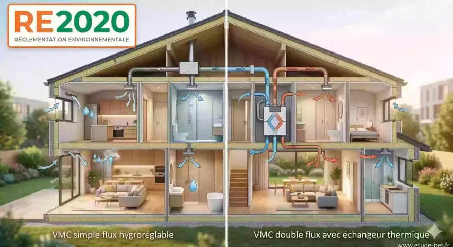 Comparaison VMC simple flux hygroréglable et VMC double flux avec échangeur thermique dans une maison RE2020.