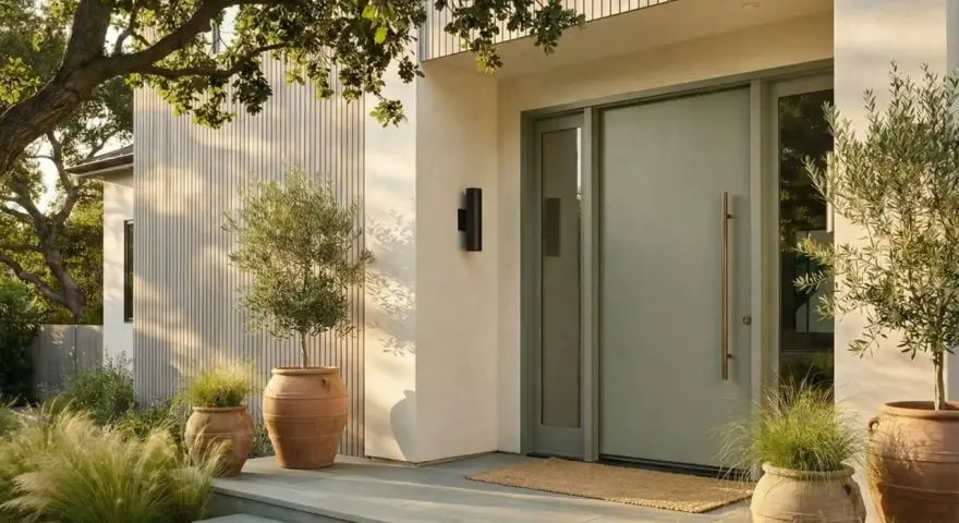 Porte d'entrée moderne couleur sauge, avec des oliviers en pot et des graminées. L'architecture épurée et la lumière douce créent une ambiance accueillante.
