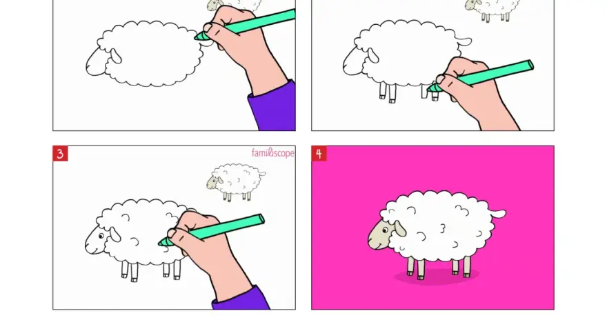 Étapes pour dessiner un mouton : un corps floconneux, des pattes, une tête, puis le mouton est terminé sur fond rose.