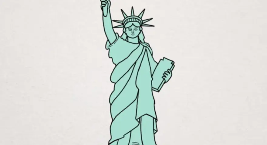 Statue de la Liberté, un dessin facile et stylisé, tenant sa torche et une tablette.