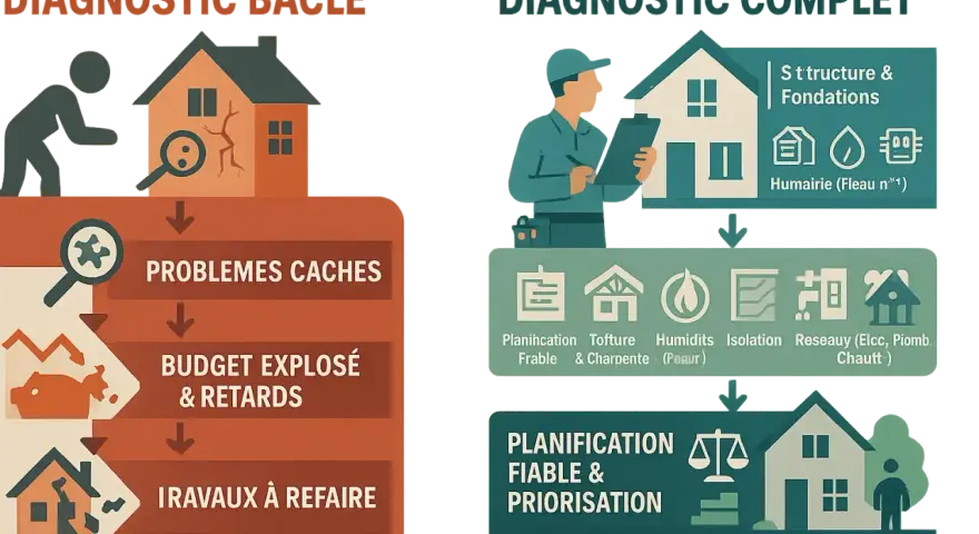 Diagnostic d'une rénovation maison ancienne : le mauvais diagnostic révèle des problèmes cachés, un budget explosé et des travaux à refaire. Le bon diagnostic assure une planification fiable.