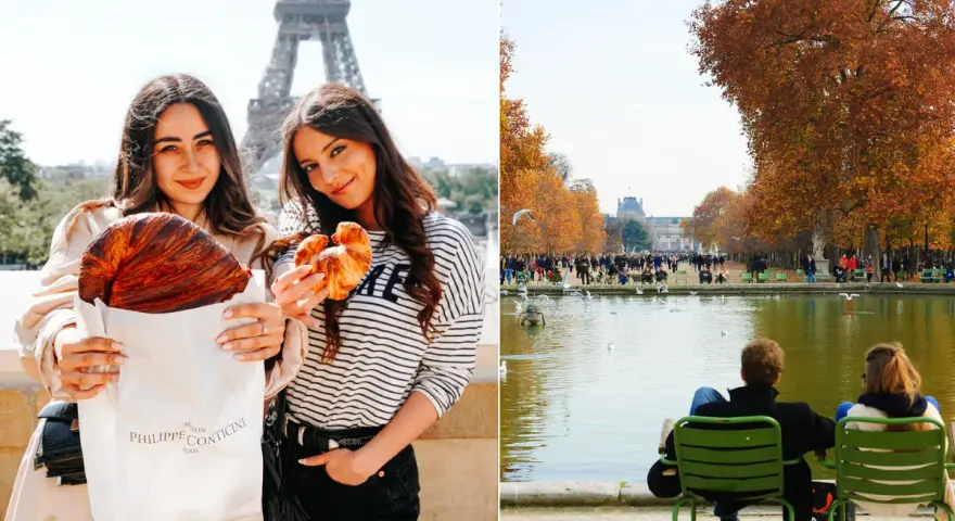 Deux femmes savourent des croissants devant la Tour Eiffel, un clin d'œil à la gourmandise sur la rue de Rivoli. À droite, des couples profitent d'un après-midi d'automne au Jardin des Tuileries.