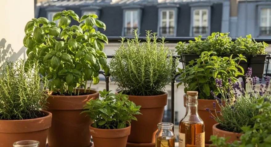 Un balcon parisien fleuri de plantes aromatiques : basilic, romarin, menthe, lavande. Huiles essentielles prêtes à l'emploi.