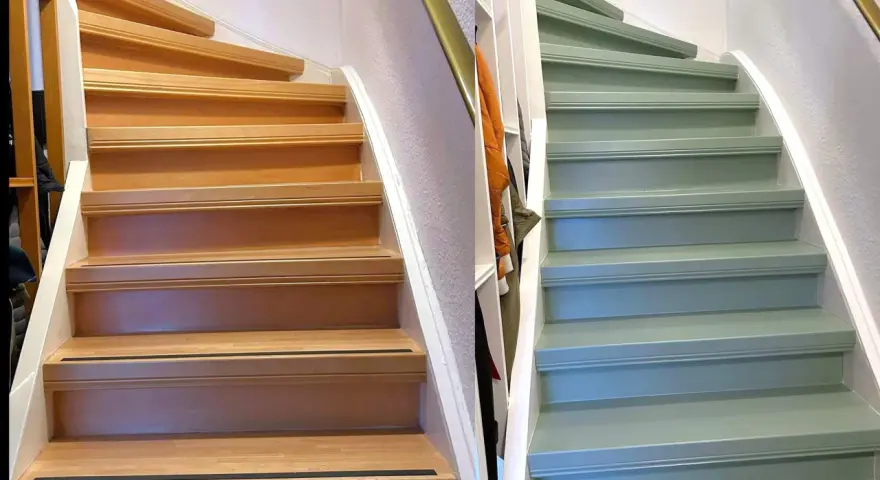 Avant/après : un escalier en bois naturel transformé par un coup de pinceau vert sauge. Un projet de peindre escalier bois réussi.