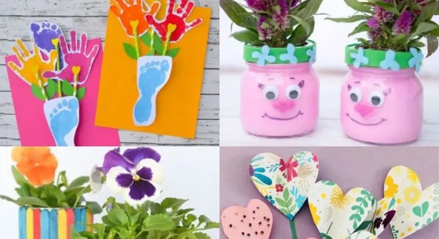Idées de bricolage fête des mères pour tout petit : cartes empreintes de mains et pieds, pots de fleurs rigolos, décorations en cœur.