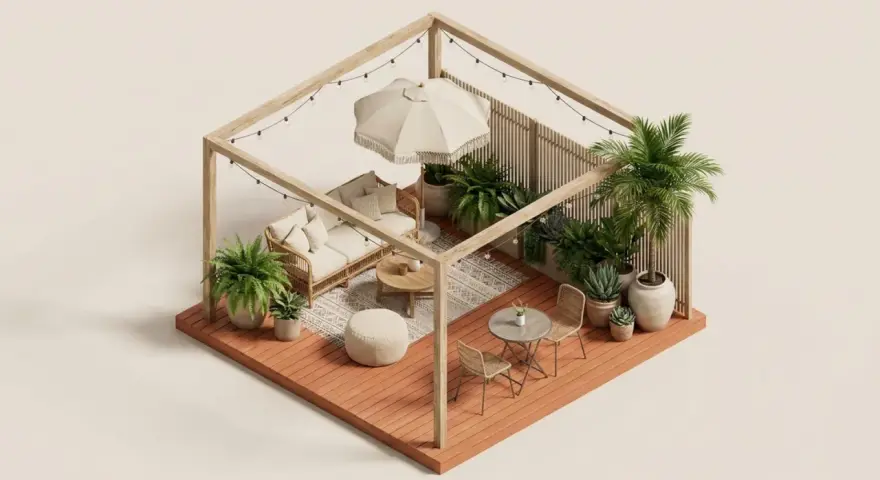 Aménager une petite terrasse sans se ruiner : un salon de jardin cosy avec canapé, table basse, fauteuils, parasol et plantes luxuriantes sous guirlandes lumineuses.