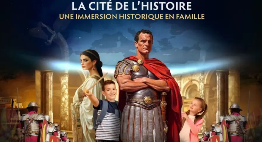 La Cité de l'Histoire : une famille romaine, un enfant brandissant une épée, et des légionnaires. Une immersion historique pour tous.
