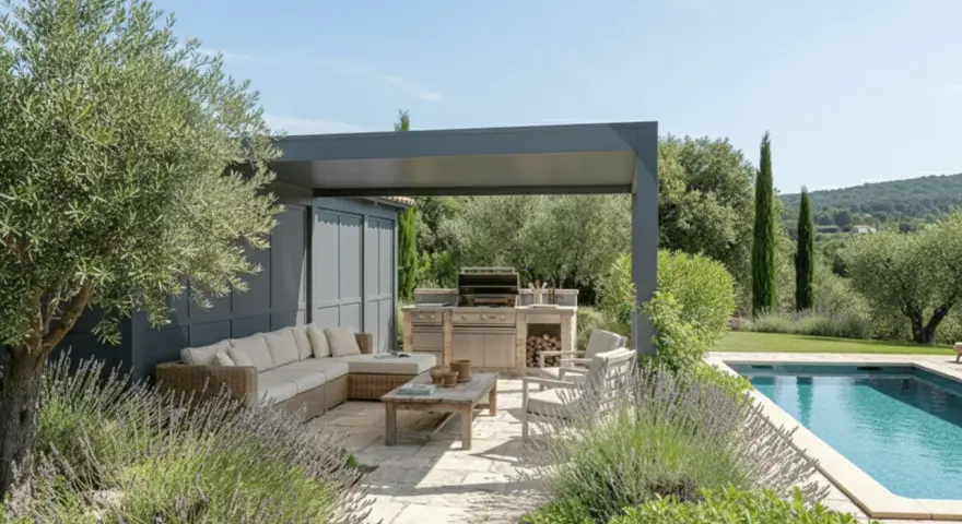 Un élégant pool house provençal avec salon extérieur, cuisine d'été et piscine, entouré d'oliviers et de lavande.