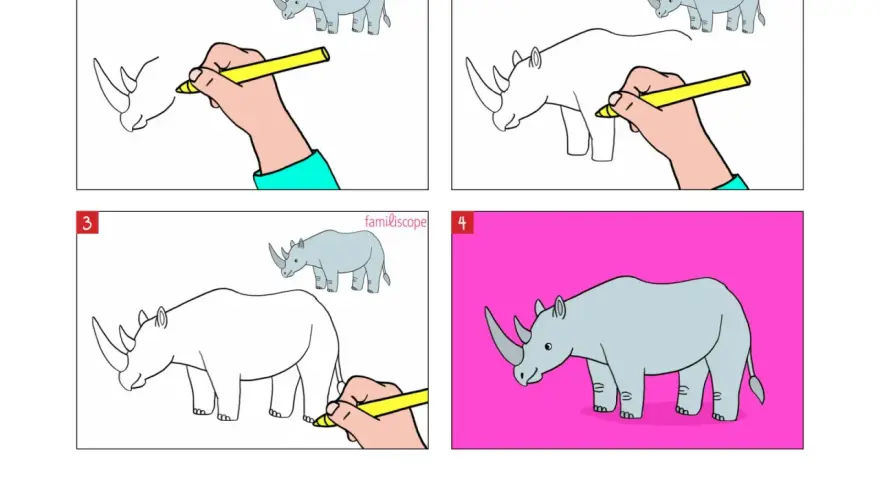 Étapes pour un rhinocéros dessin facile : une main dessine le contour, puis ajoute les détails et colore le rhinocéros sur fond rose.