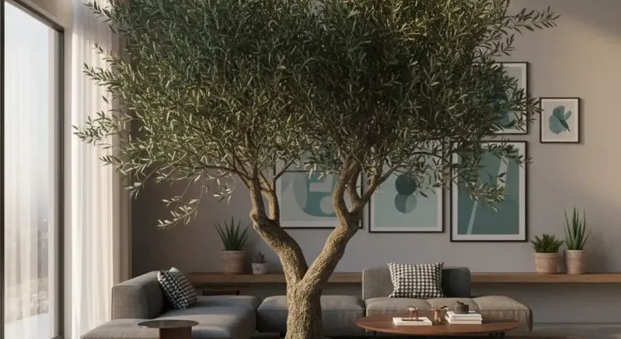 Un grand olivier en pot intérieur trône au milieu d'un salon moderne. Des canapés gris, des tableaux abstraits et une grande fenêtre complètent la scène.