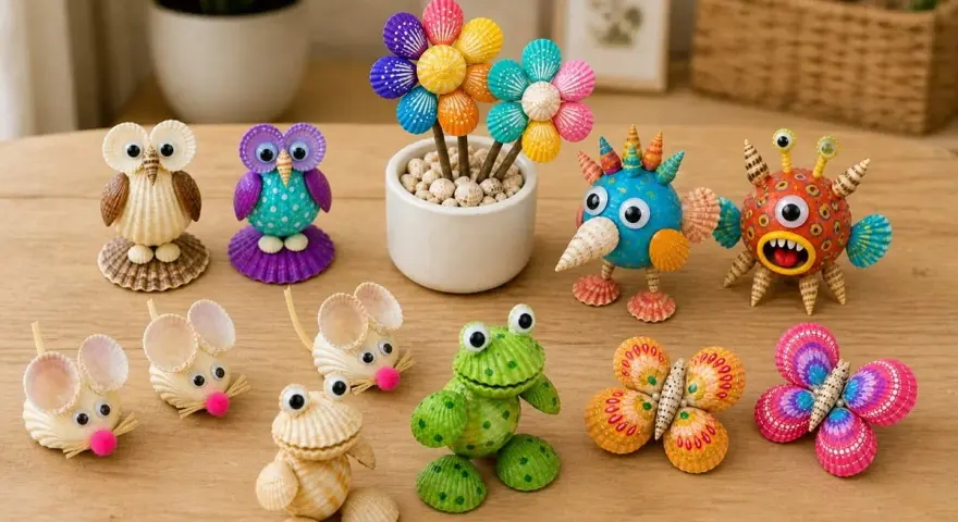 Des créatures adorables faites de coquillages : hiboux, souris, grenouille, papillons et monstres colorés. Un facile bricolage avec coquillage pour s'amuser.