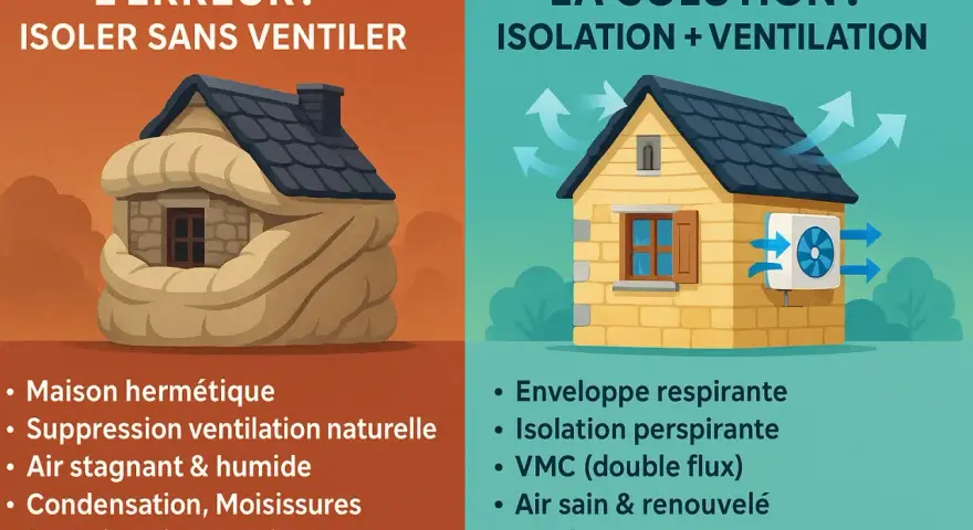 Maison étouffée par l'isolation sans ventilation, cause de problèmes. La solution : isolation et ventilation pour une rénovation toiture ancienne saine.