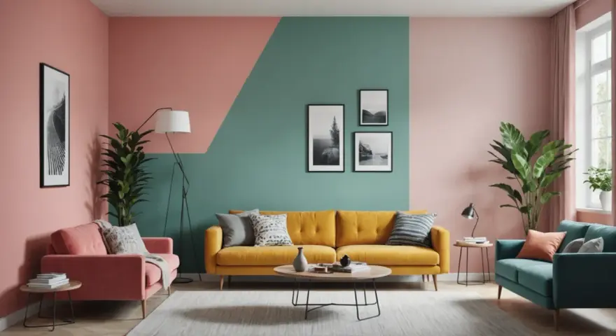 Salon moderne avec un mur deux couleurs différentes : rose poudré et vert d'eau. Canapés colorés et plantes vertes.