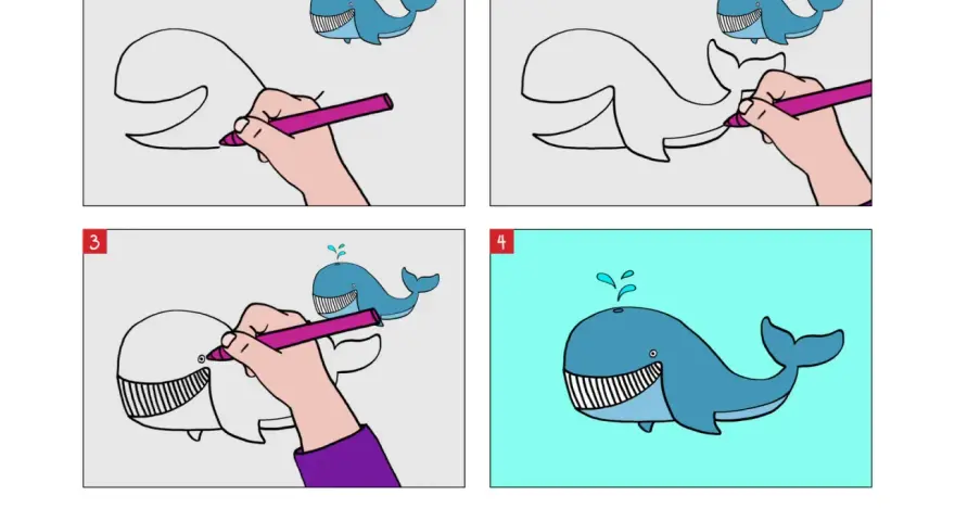 Étapes pour un dessin baleine bleue facile : une main colorie une baleine, puis la termine.