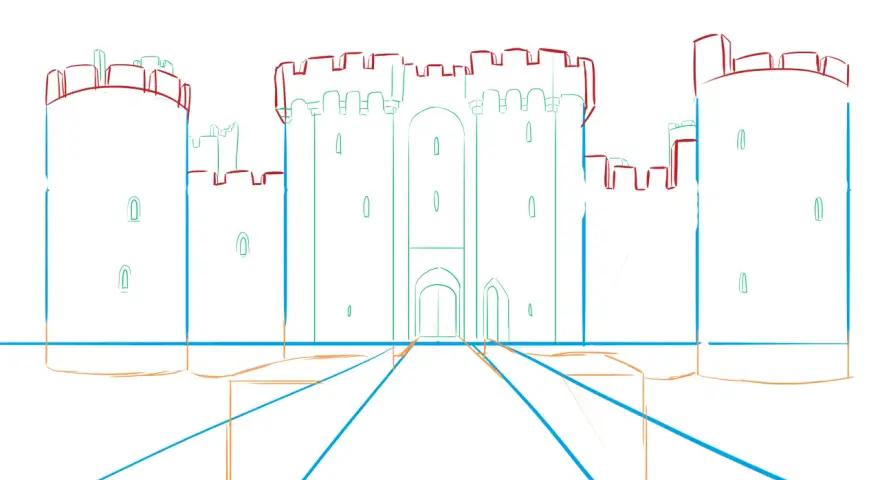 Esquisse d'un dessin de château fort avec des tours et des remparts, le chemin d'accès est marqué par des lignes bleues et oranges.