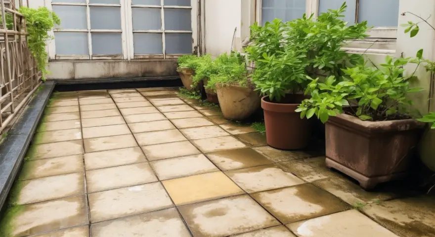 Des plantes vertes dans des pots ornent une terrasse carrelée, une idée pour comment recouvrir une terrasse abîmée.