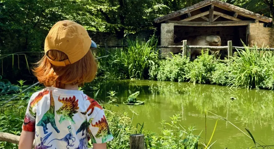 Un enfant avec un t-shirt dinosaure regarde un étang verdoyant et une étable. Le Puy du Fou, un lieu pour tous les âges.