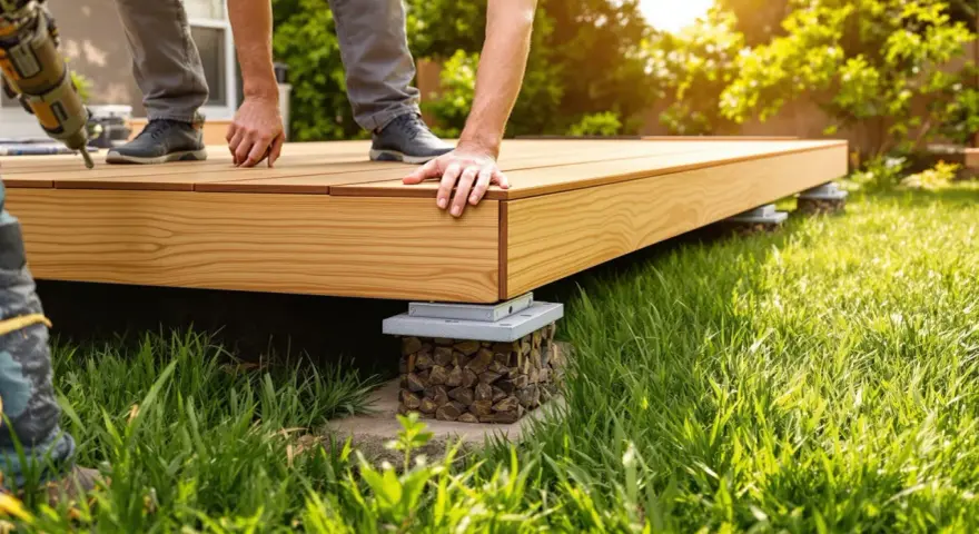 Construction d'une terrasse en bois sur pelouse. Des mains ajustent les lames d'une nouvelle terrasse sur des supports.