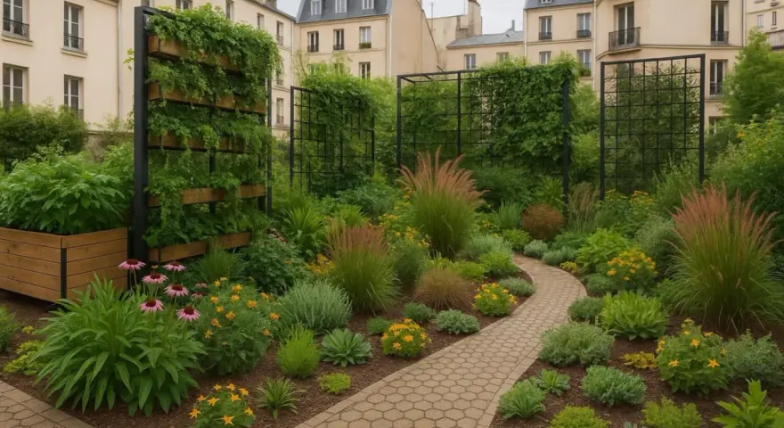 Un petit jardin de ville luxuriant avec un chemin sinueux, des plantes vertes, des graminées et des fleurs roses et jaunes, entouré d'immeubles.