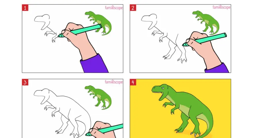 Étapes pour un tyrannosaure dessin facile : une main dessine un dinosaure vert, étape par étape, pour un résultat final impressionnant.