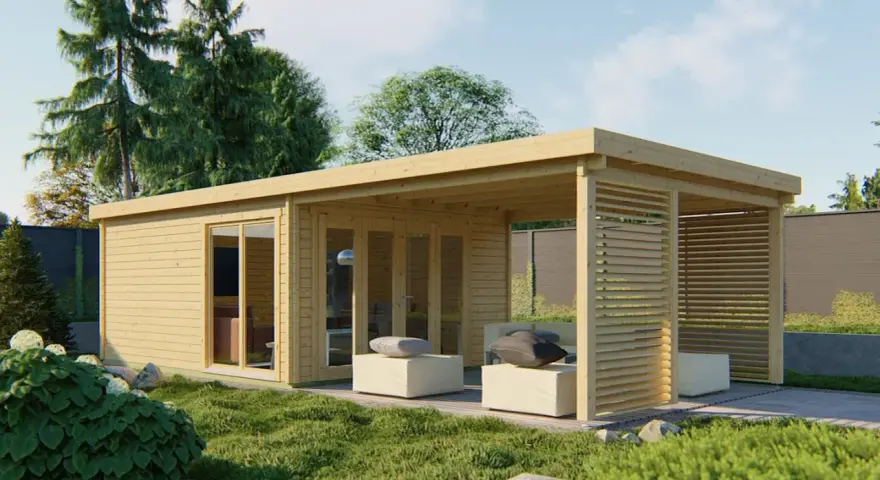 Aménagement intérieur d'une cabane en bois moderne avec salon extérieur invitant.
