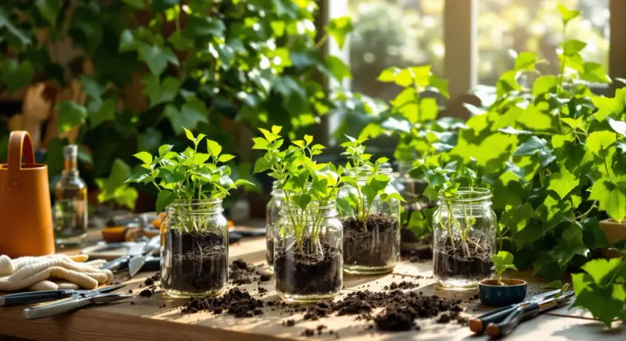 Jeunes pousses de lierre en pot dans des bocaux en verre, sur une table en bois, avec des outils de jardinage.