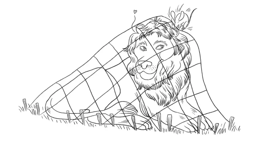 Dessin le lion et le rat : un lion endormi sous un filet, un petit rat curieux sur sa tête.
