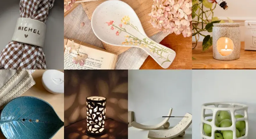 Idée poterie sans tour : porte-serviette personnalisé, cuillère décorée, diffuseur, porte-savon feuille, photophore ajouré, repose-baguette, corbeille à fruits.
