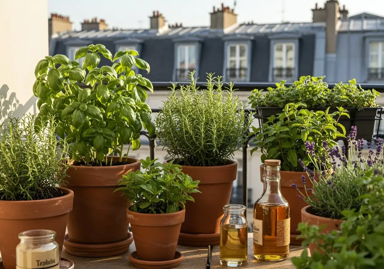 Un balcon parisien fleuri de plantes aromatiques : basilic, romarin, menthe, lavande. Des bouteilles d'huile d'olive et un pot de sel complètent ce tableau gourmand.