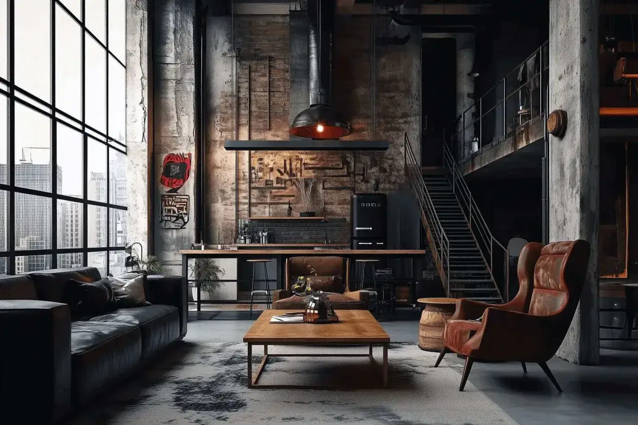 Un salon industriel cocooning avec canapé cuir, fauteuils confortables, table basse bois, cuisine ouverte et escalier métallique.