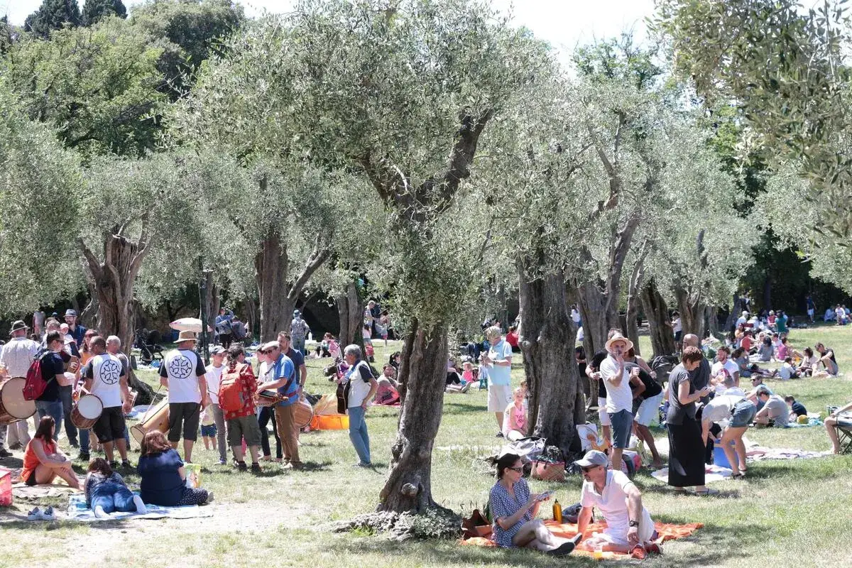 Fête en plein air sous les oliviers. Musiciens, pique-niques, et familles profitent du beau temps. Qu'est-ce qui est ouvert le 1er mai ? Ce parc festif !