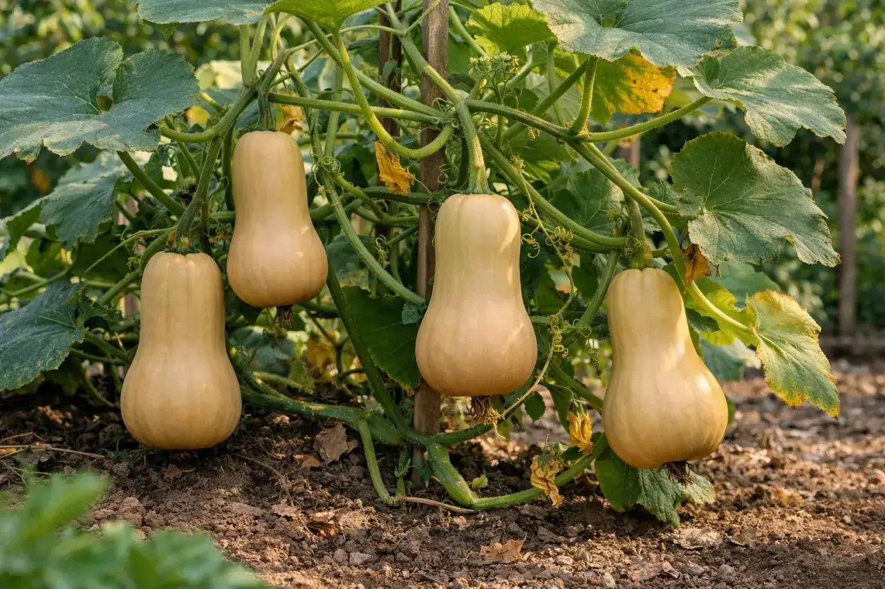 Quatre courges butternut mûres pendent de leurs tiges dans un potager. Idéal pour savoir où planter le butternut dans le potager.