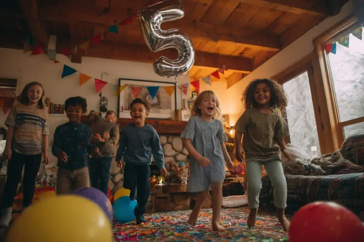 Des enfants sautent de joie lors d'une fête d'anniversaire à domicile, avec un ballon en forme de 5. Une excellente idée animation anniversaire à domicile !