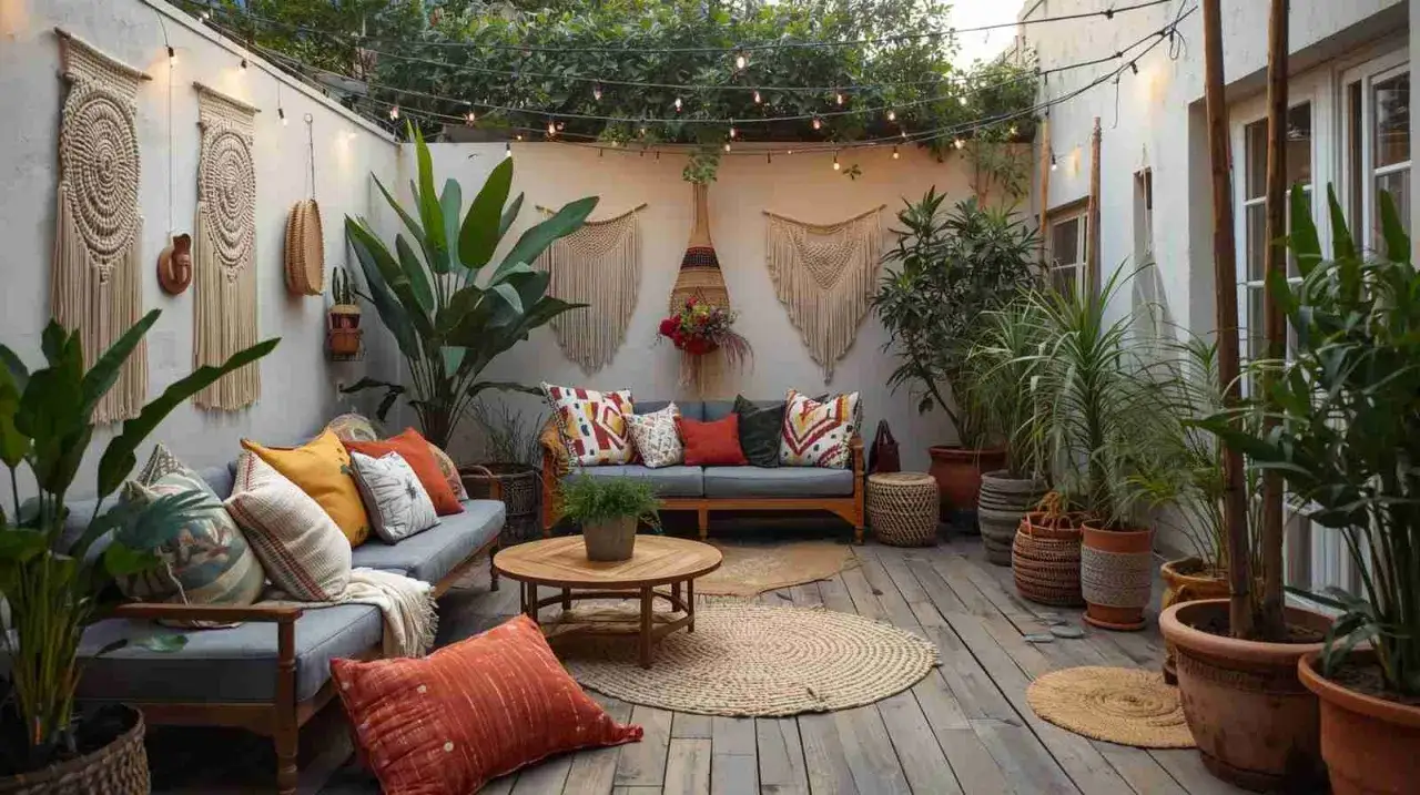 Un coin salon cosy pour un am&eacute;nagement terrasse jardin boh&egrave;me chic. Canap&eacute;s, coussins color&eacute;s, macram&eacute;s muraux et plantes luxuriantes cr&eacute;ent une ambiance relaxante.