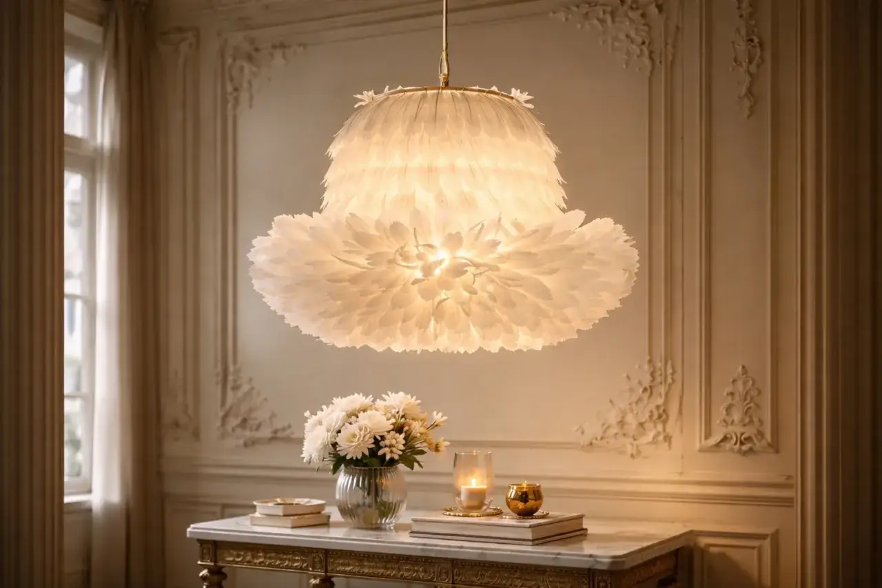 Un abat-jour DIY en plumes blanches, doux et aérien, illumine une pièce élégante.