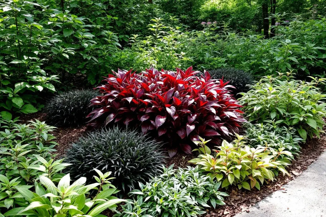 Un jardin luxuriant avec une plante rouge vif au centre, entour&eacute;e de feuillages verts et sombres. Une parfaite plante ext&eacute;rieur ombre sans entretien.