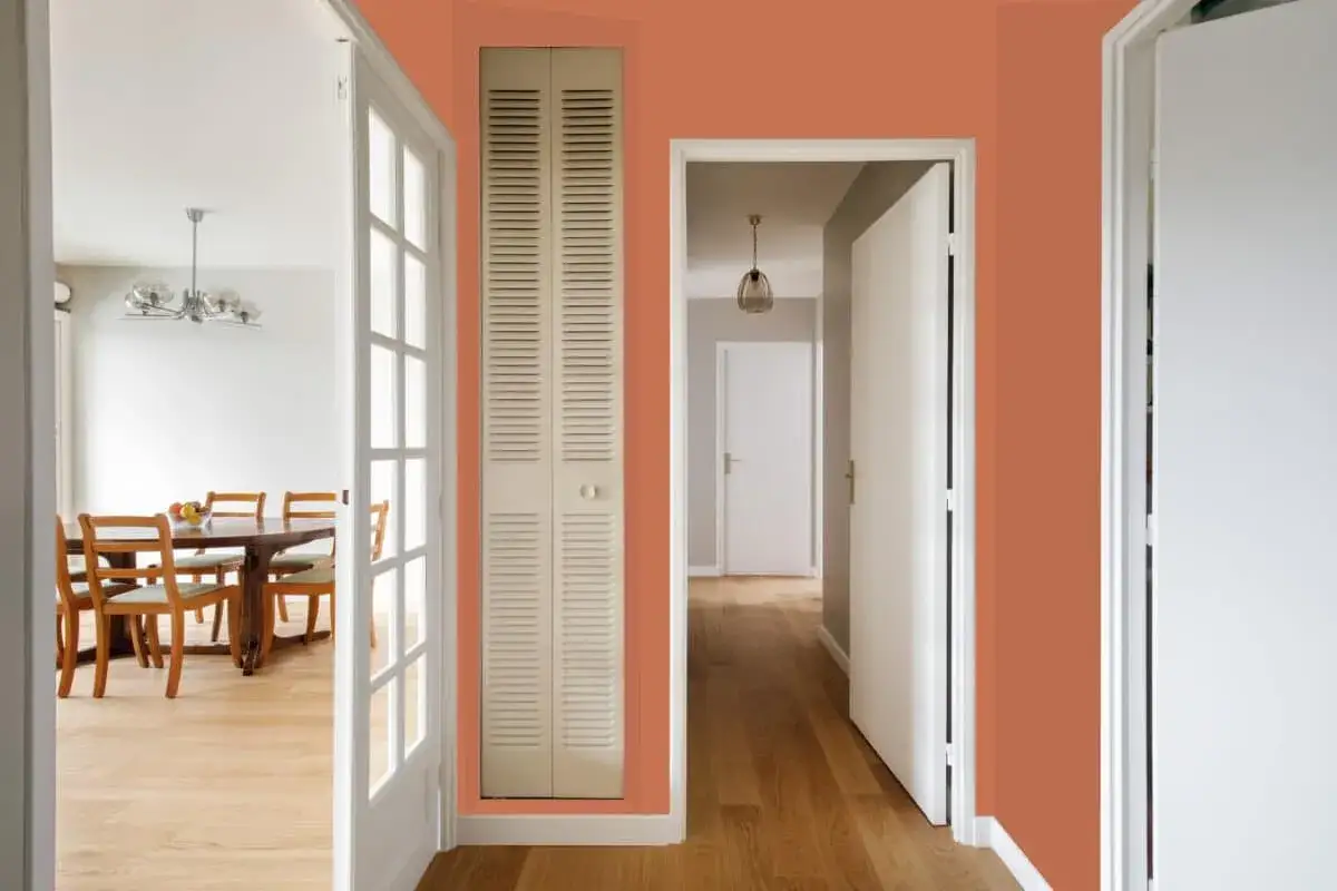 Un couloir moderne à la couleur chaleureuse, avec une porte vitrée menant à une salle à manger et une porte pleine ouvrant sur une autre pièce.