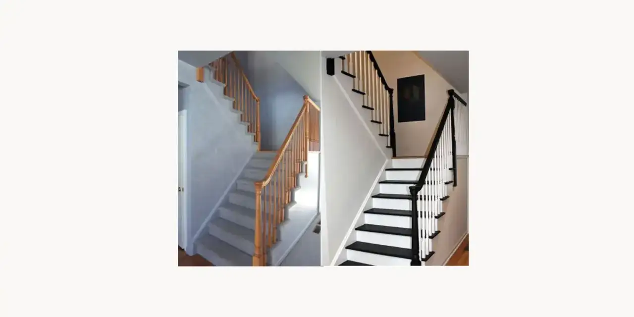 Avant/après : un escalier en bois transformé. Avant, des rampes en bois clair. Après, un contraste saisissant avec des marches noires et des balustres blancs pour peindre escalier bois.