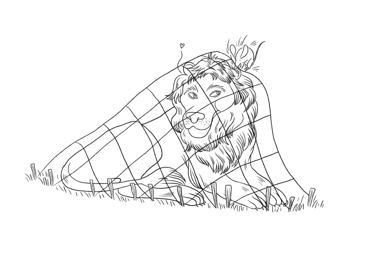 Dessin : le lion, pris dans un filet, est réconforté par un petit rat qui lui fait un clin d'œil.