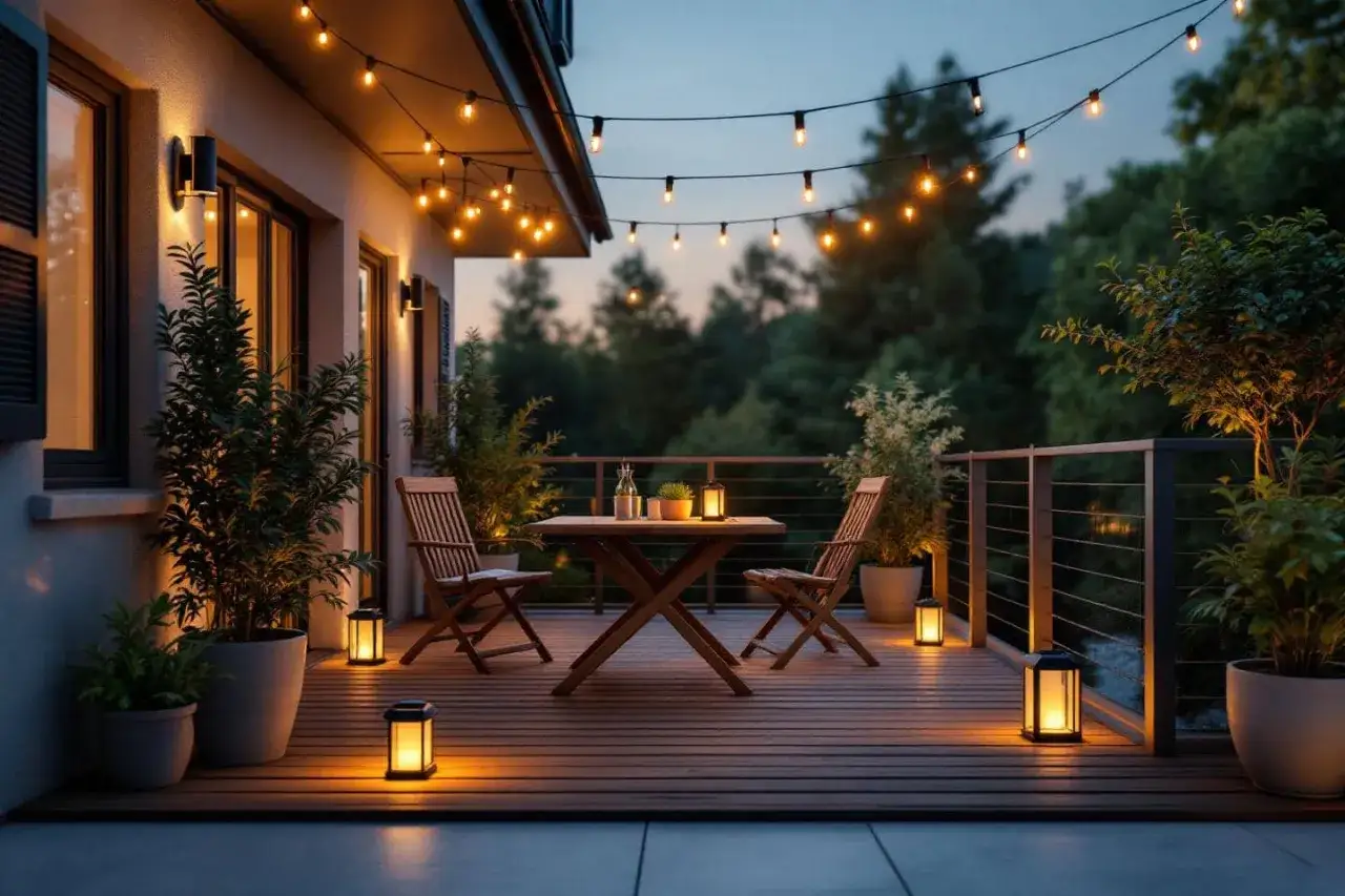 Une terrasse accueillante avec des guirlandes lumineuses et des lanternes, une belle id&eacute;e &eacute;clairage terrasse pour des soir&eacute;es magiques.