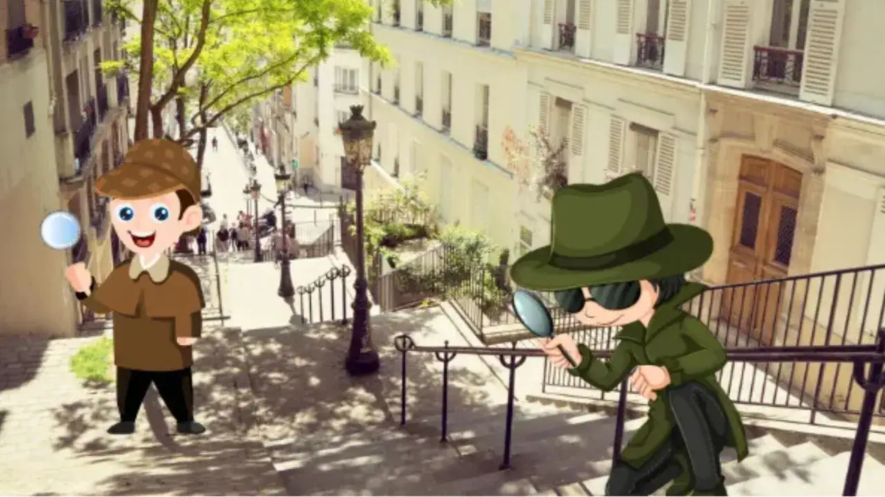 Deux détectives cartoon explorent une ruelle de Montmartre, prêts pour un escape game.