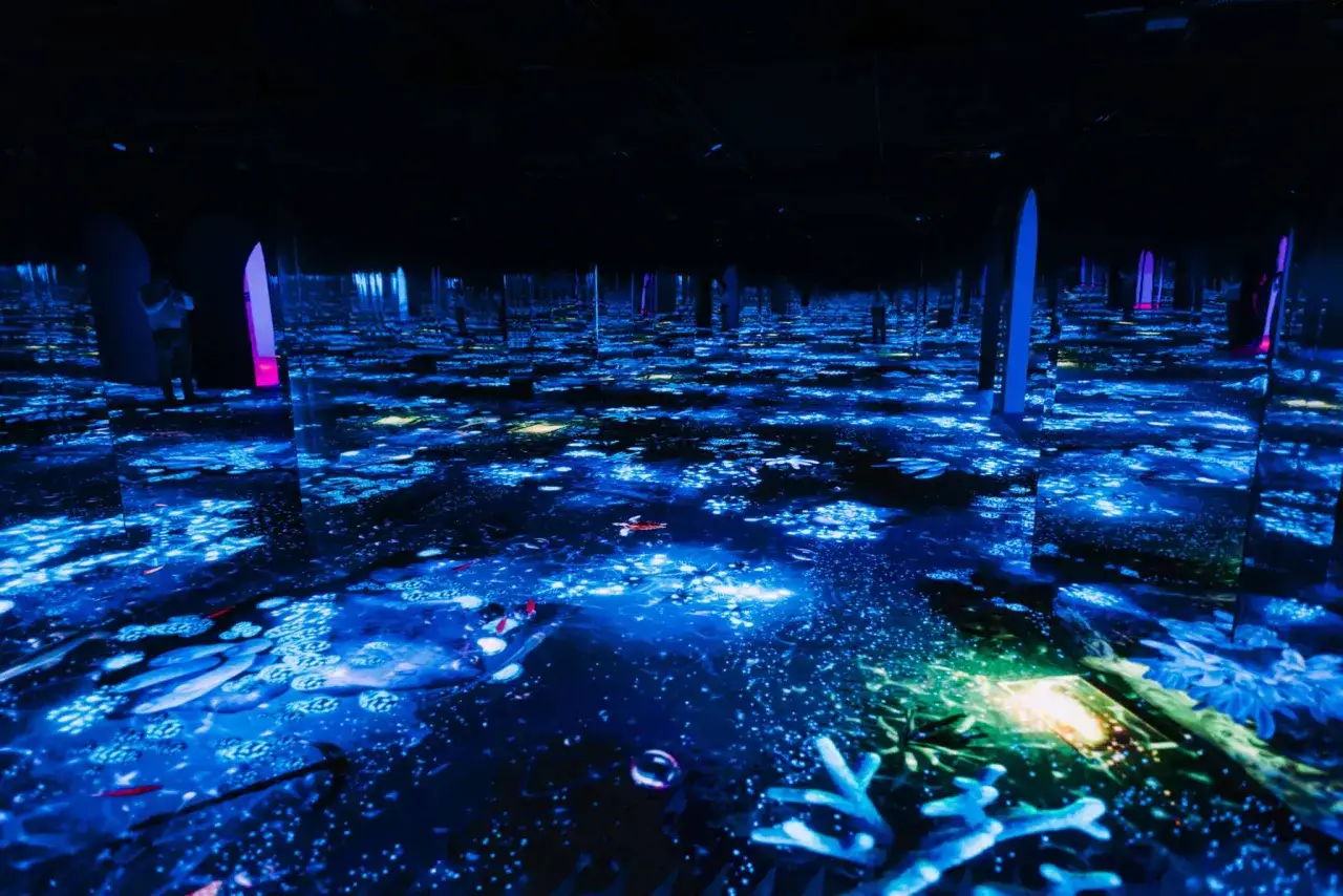 Immersion dans un monde aquatique lumineux &agrave; Paris, o&ugrave; des projections de poissons et de coraux cr&eacute;ent une bubble planet f&eacute;erique.