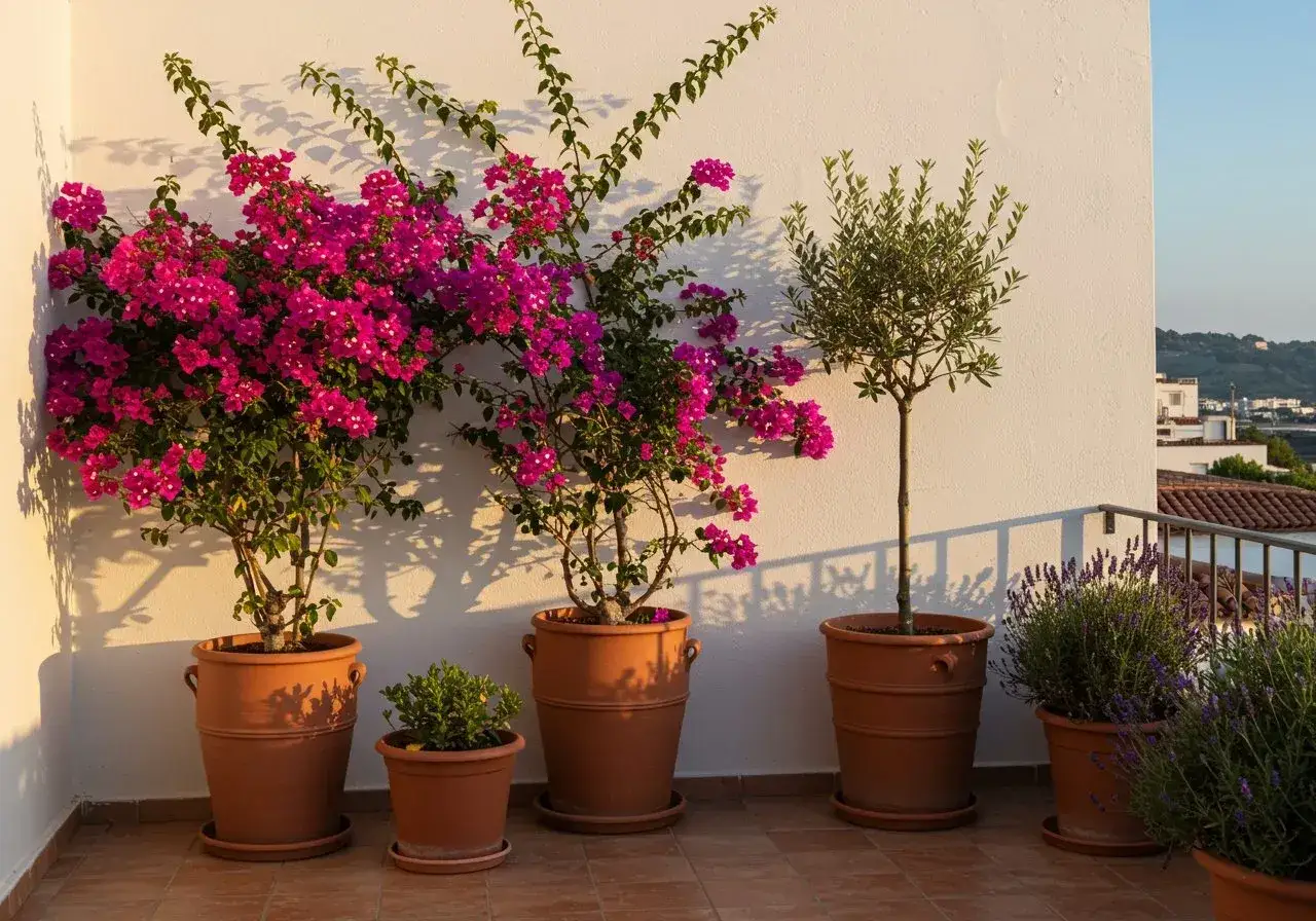 Magnifique terrasse ensoleill&eacute;e avec bougainvilliers roses &eacute;clatants, un olivier et de la lavande. Id&eacute;al pour des plantes pour terrasse ensoleill&eacute;e.